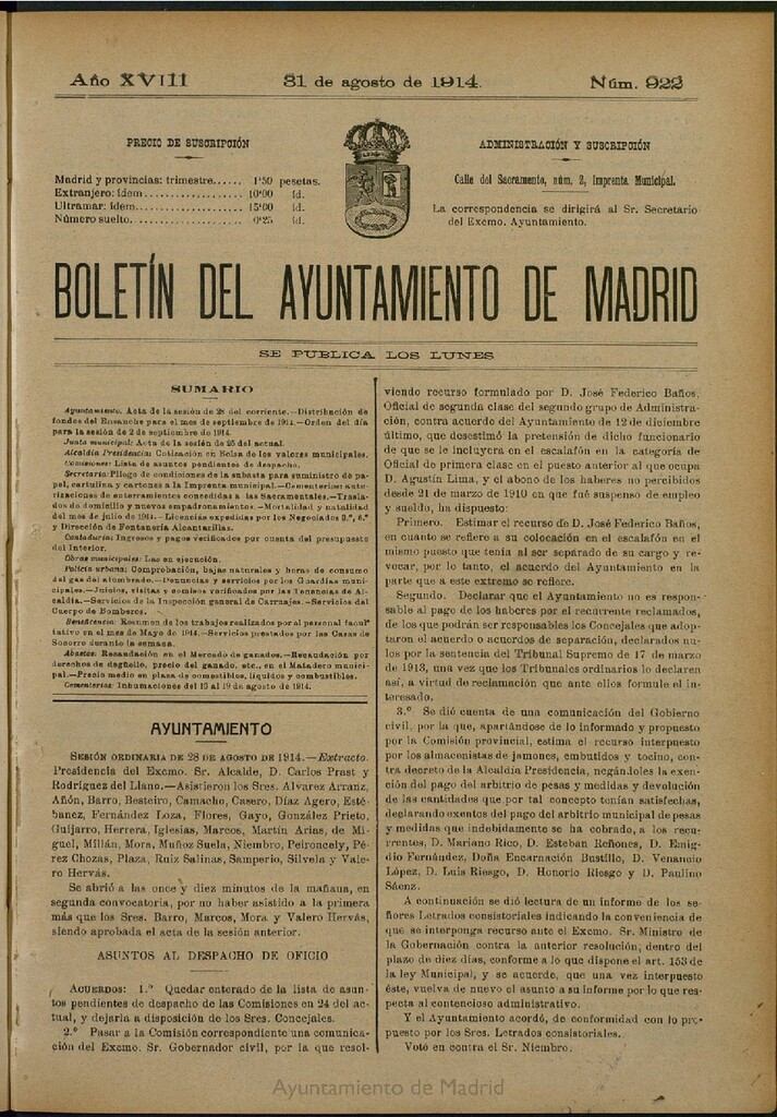 Miniatura de Boletín Oficial del Ayuntamiento de Madrid del 31 de agosto de 1914, nº 922