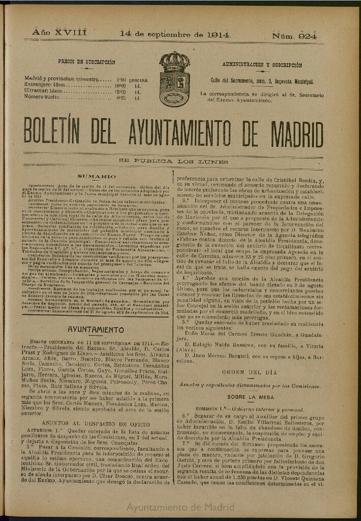 Miniatura de Boletín Oficial del Ayuntamiento de Madrid del 14 de septiembre de 1914, nº 924