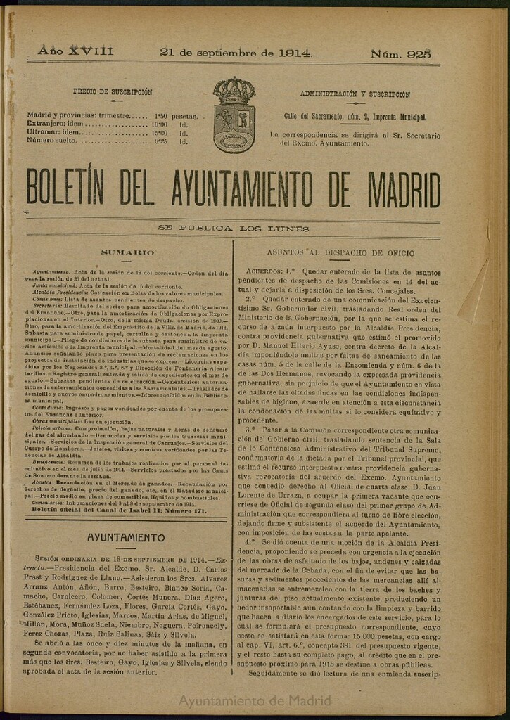 Miniatura de Boletín Oficial del Ayuntamiento de Madrid del 21 de septiembre de 1914, nº 925