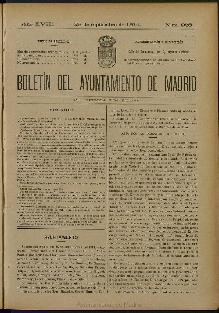 Miniatura de Boletín Oficial del Ayuntamiento de Madrid del 28 de septiembre de 1914, nº 926