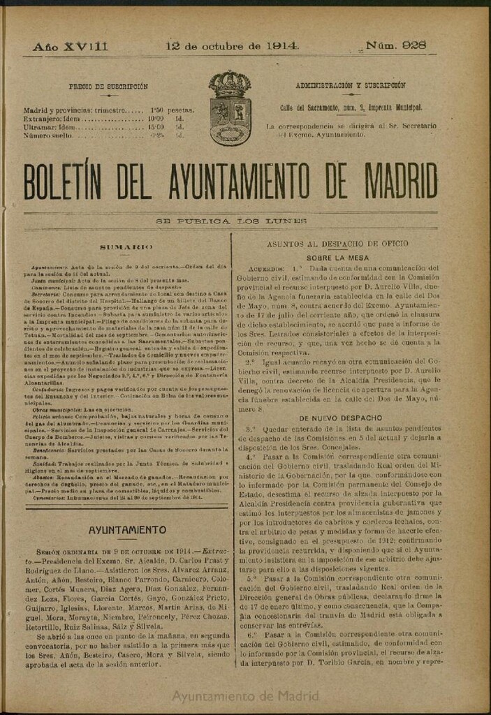 Miniatura de Boletín Oficial del Ayuntamiento de Madrid del 12 de octubre de 1914, nº 928