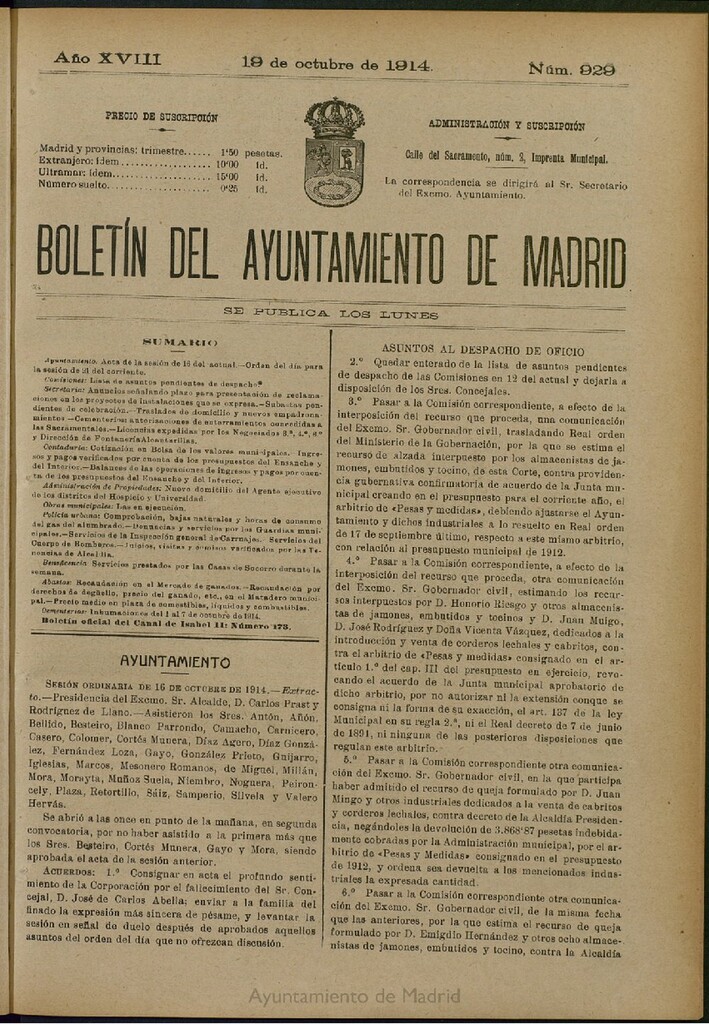 Miniatura de Boletín Oficial del Ayuntamiento de Madrid del 19 de octubre de 1914, nº 929