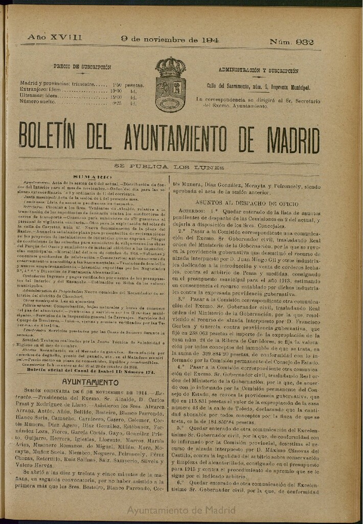 Miniatura de Boletín Oficial del Ayuntamiento de Madrid del 9 de noviembre de 1914, nº 932