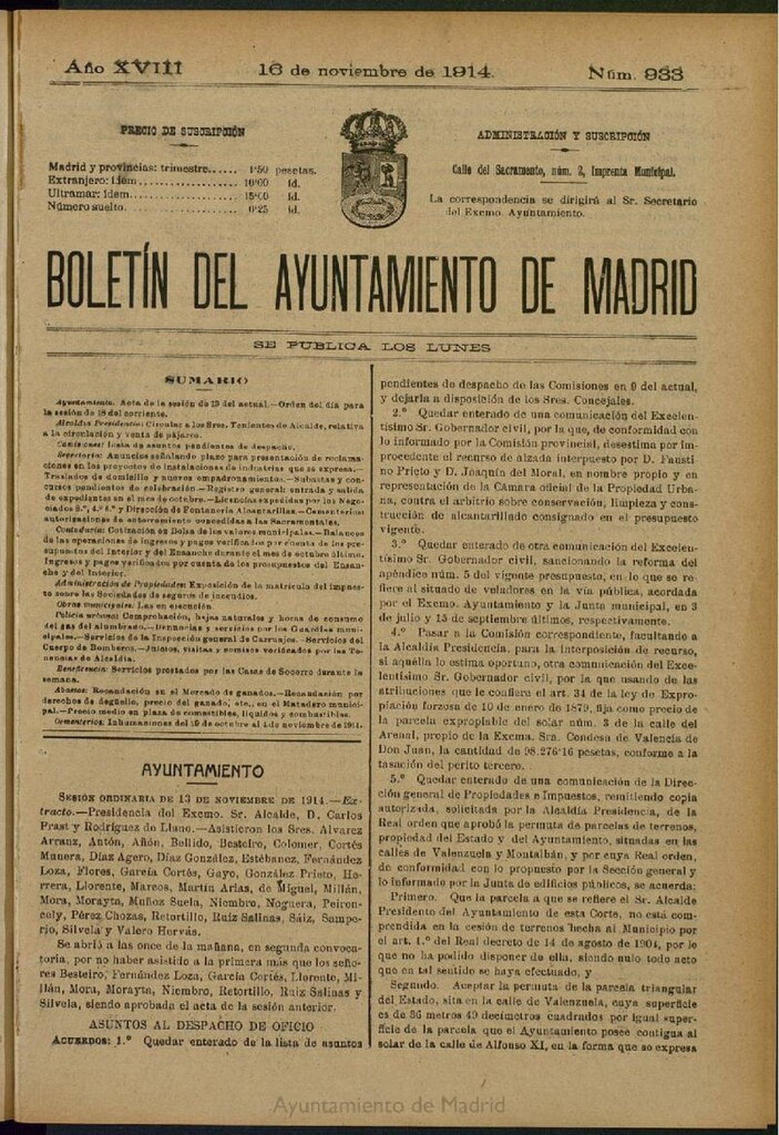 Miniatura de Boletín Oficial del Ayuntamiento de Madrid del 16 de noviembre de 1914, nº 933