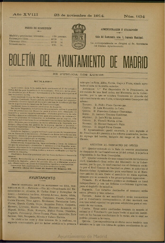 Miniatura de Boletín Oficial del Ayuntamiento de Madrid del 23 de noviembre de 1914, nº 934