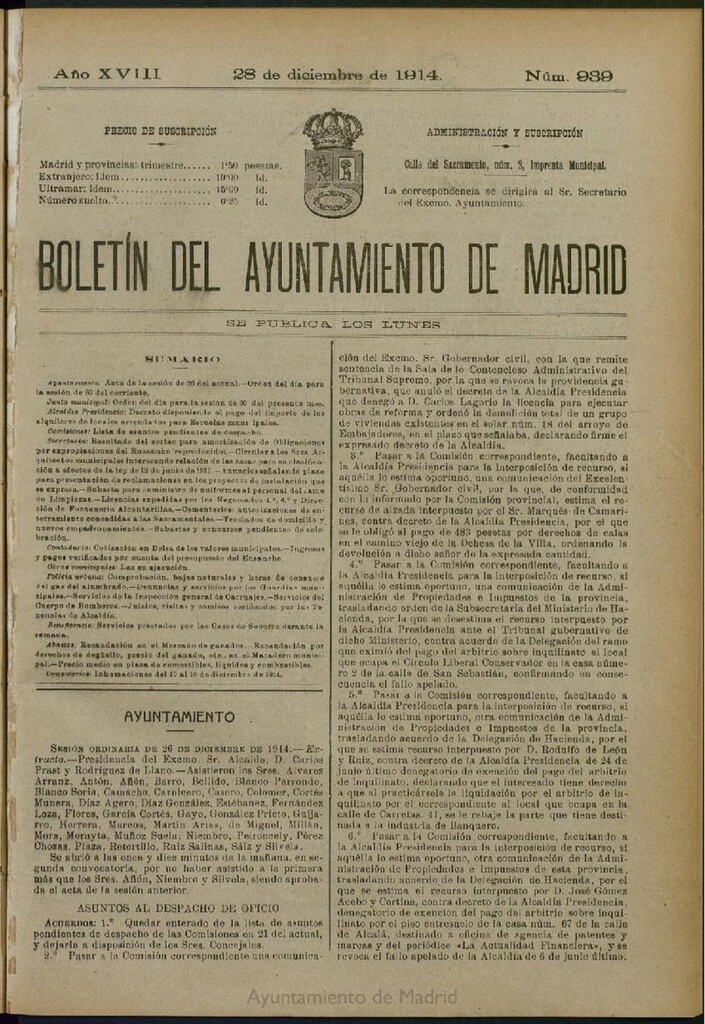 Miniatura de Boletín Oficial del Ayuntamiento de Madrid del 28 de diciembre de 1914, nº 939