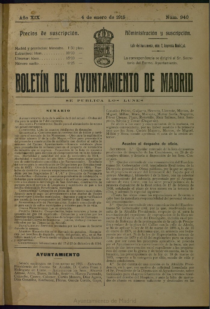 Miniatura de Boletín Oficial del Ayuntamiento de Madrid del 4 de enero de 1915, nº 940