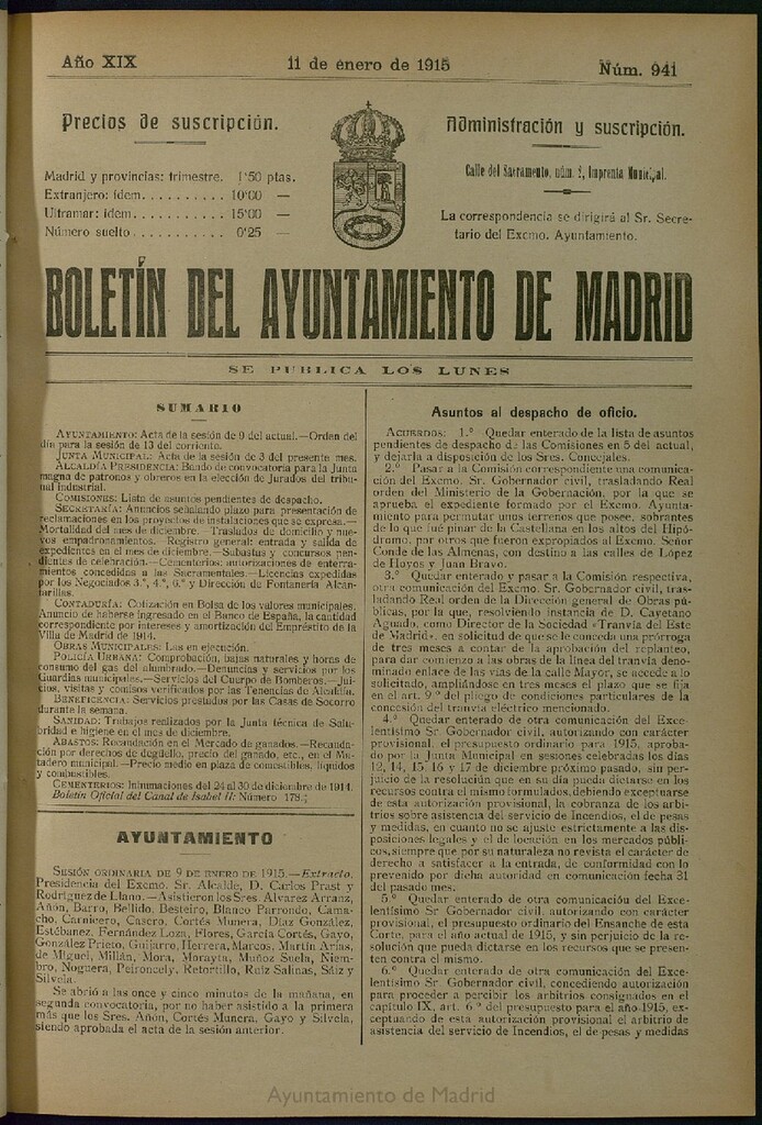 Miniatura de Boletín Oficial del Ayuntamiento de Madrid del 11 de enero de 1915, nº 941
