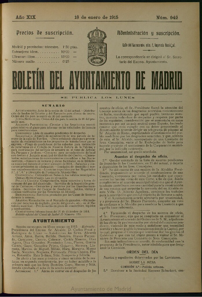 Miniatura de Boletín Oficial del Ayuntamiento de Madrid del 18 de enero de 1915, nº 942