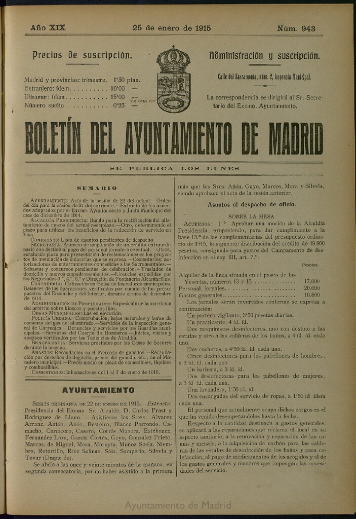 Miniatura de Boletín Oficial del Ayuntamiento de Madrid del 25 de enero de 1915, nº 943