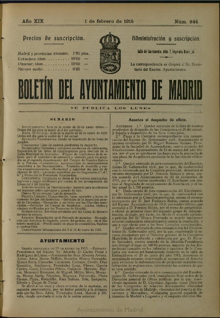 Miniatura de Boletín Oficial del Ayuntamiento de Madrid del 1 de febrero de 1915, nº 944
