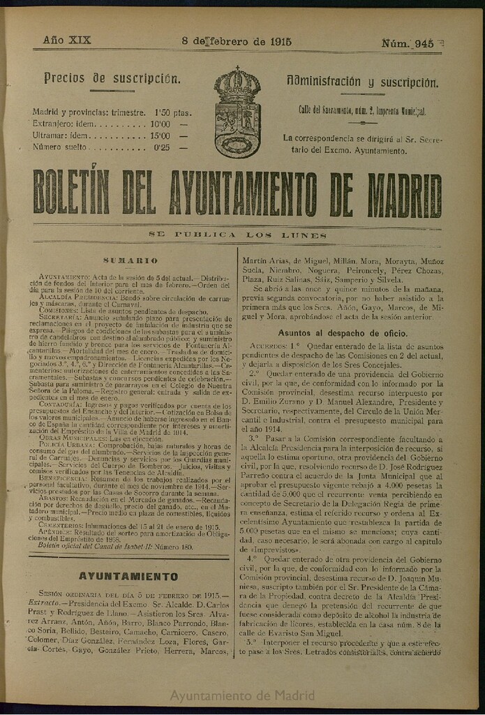 Miniatura de Boletín Oficial del Ayuntamiento de Madrid del 8 de febrero de 1915, nº 945
