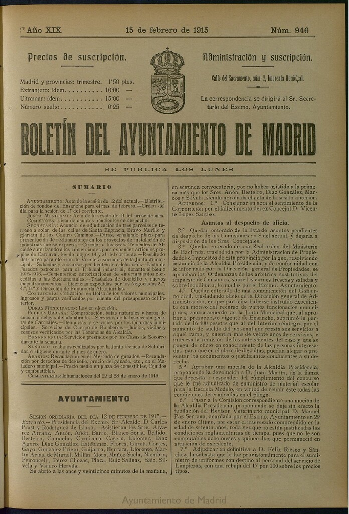 Miniatura de Boletín Oficial del Ayuntamiento de Madrid del 15 de febrero de 1915, nº 946