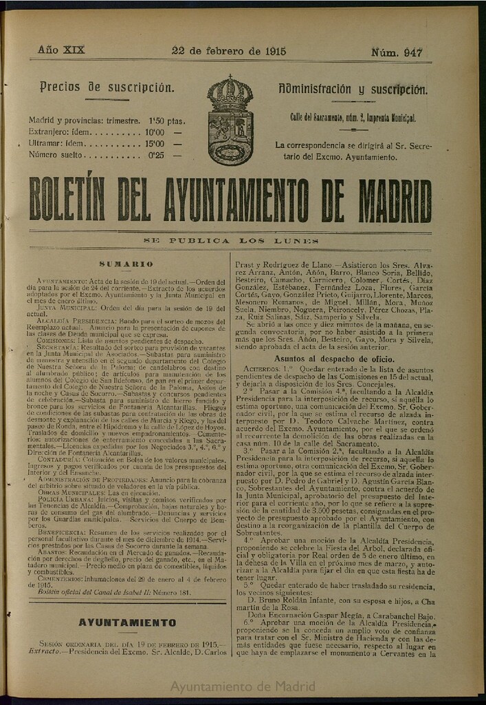 Miniatura de Boletín Oficial del Ayuntamiento de Madrid del 22 de febrero de 1915, nº 947