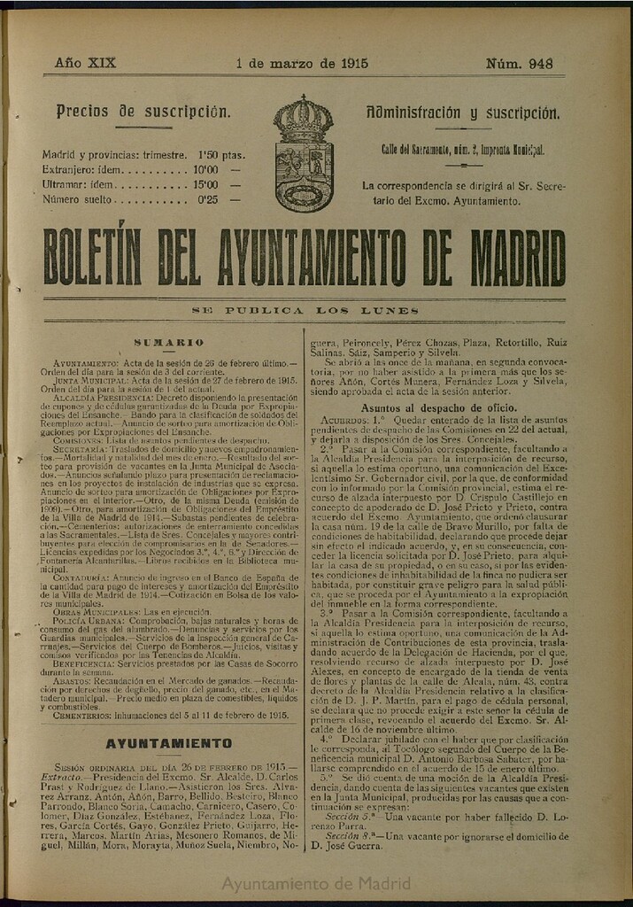 Miniatura de Boletín Oficial del Ayuntamiento de Madrid del 1 de marzo de 1915, nº 948