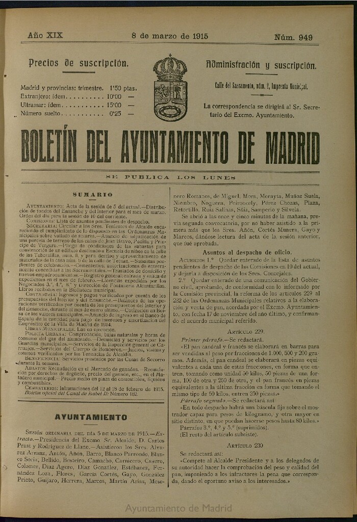 Miniatura de Boletín Oficial del Ayuntamiento de Madrid del 8 de marzo de 1915, nº 949