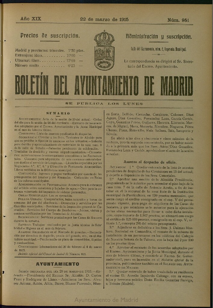 Miniatura de Boletín Oficial del Ayuntamiento de Madrid del 22 de marzo de 1915, nº 951