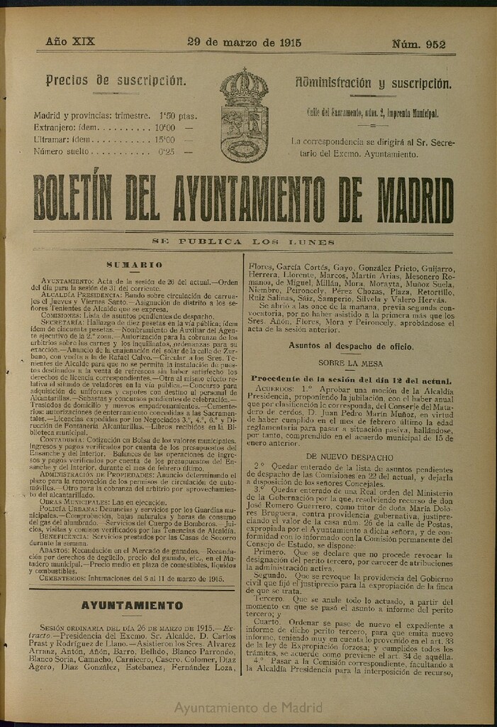 Miniatura de Boletín Oficial del Ayuntamiento de Madrid del 29 de marzo de 1915, nº 952