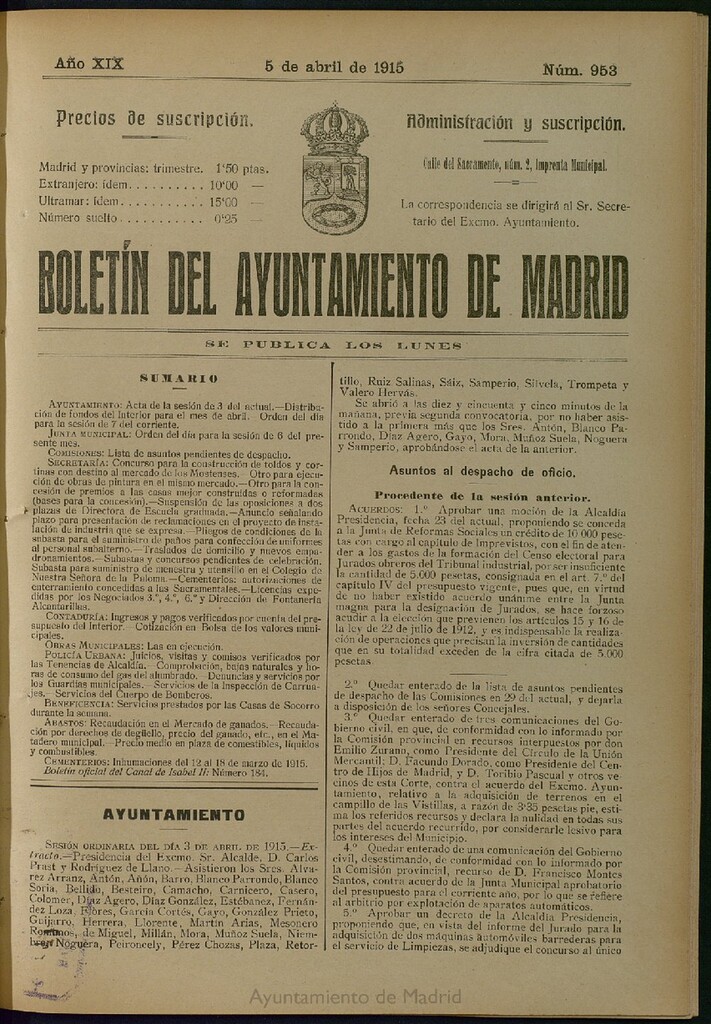 Miniatura de Boletín Oficial del Ayuntamiento de Madrid del 5 de abril de 1915, nº 953