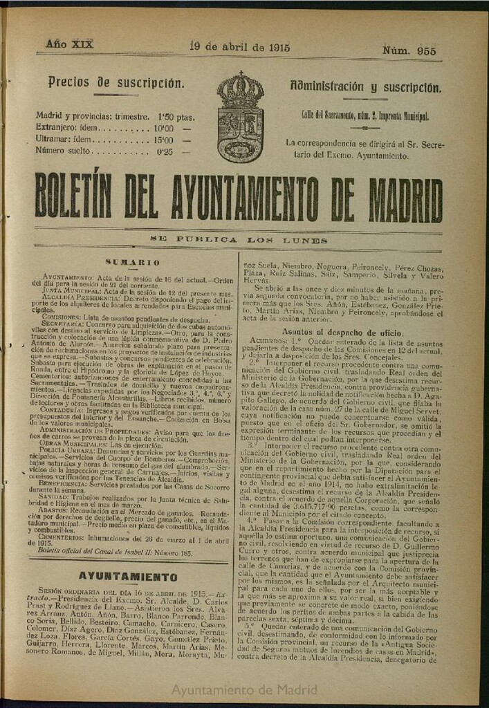 Miniatura de Boletín Oficial del Ayuntamiento de Madrid del 19 de abril de 1915, nº 955