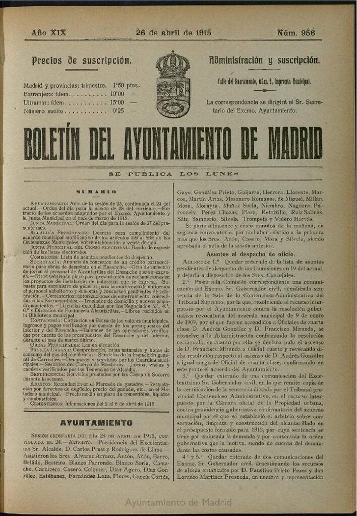 Miniatura de Boletín Oficial del Ayuntamiento de Madrid del 26 de abril de 1915, nº 956