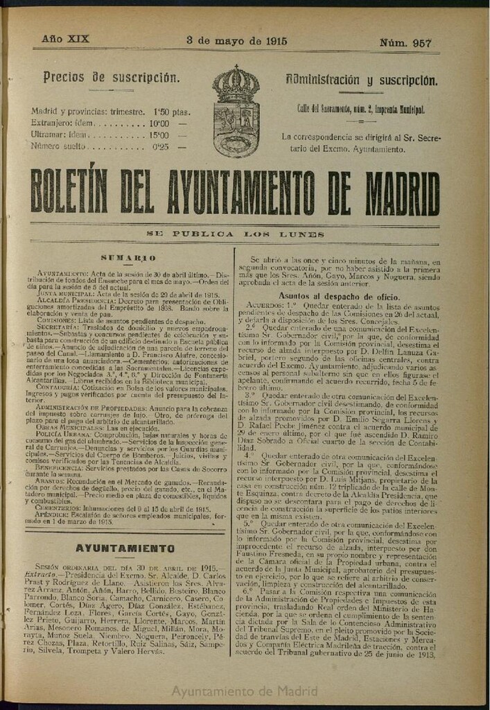 Miniatura de Boletín Oficial del Ayuntamiento de Madrid del 3 de mayo de 1915, nº 957