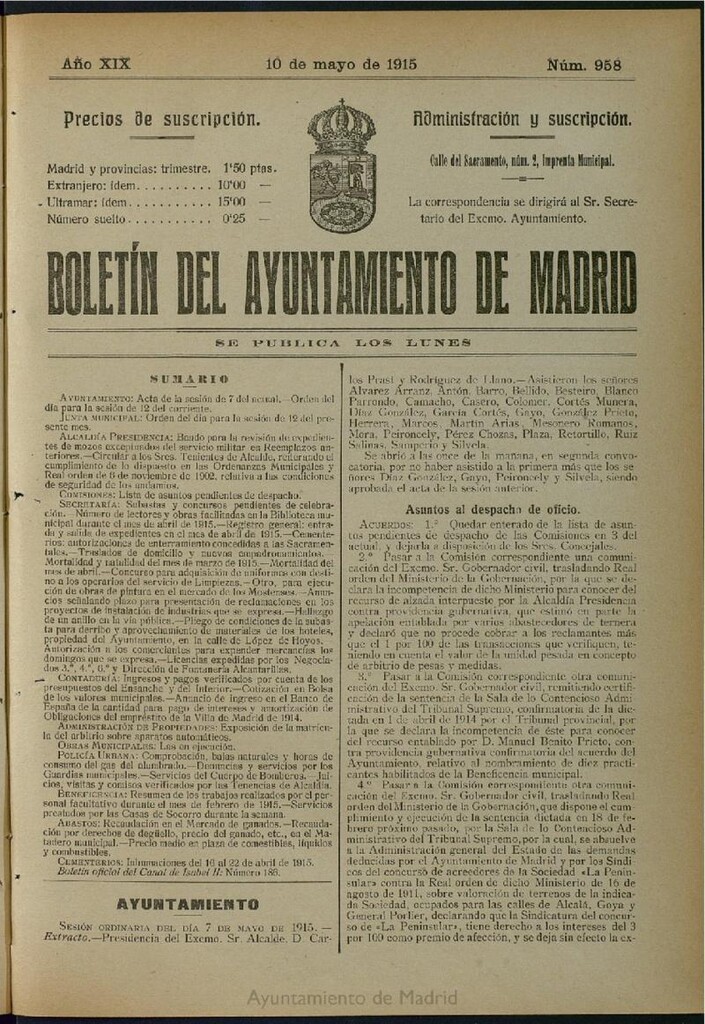 Miniatura de Boletín Oficial del Ayuntamiento de Madrid del 10 de mayo de 1915, nº 958