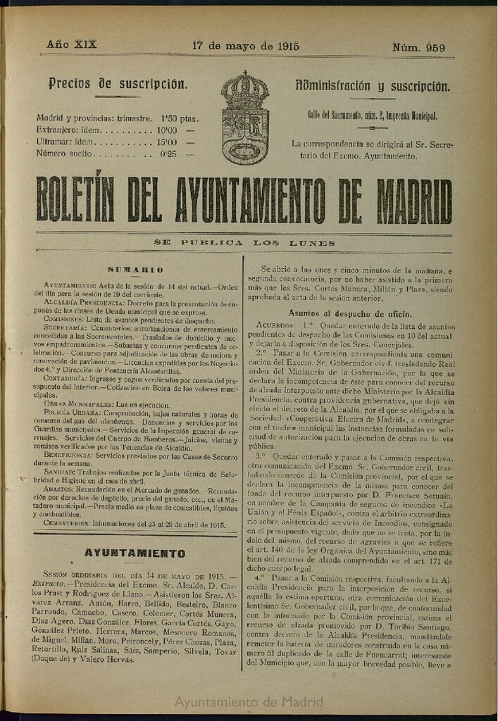 Miniatura de Boletín Oficial del Ayuntamiento de Madrid del 17 de mayo de 1915, nº 959