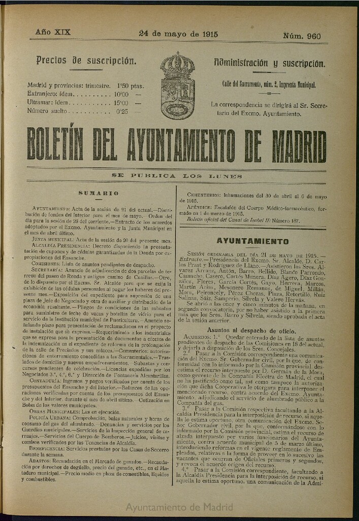 Miniatura de Boletín Oficial del Ayuntamiento de Madrid del 24 de mayo de 1915, nº 960