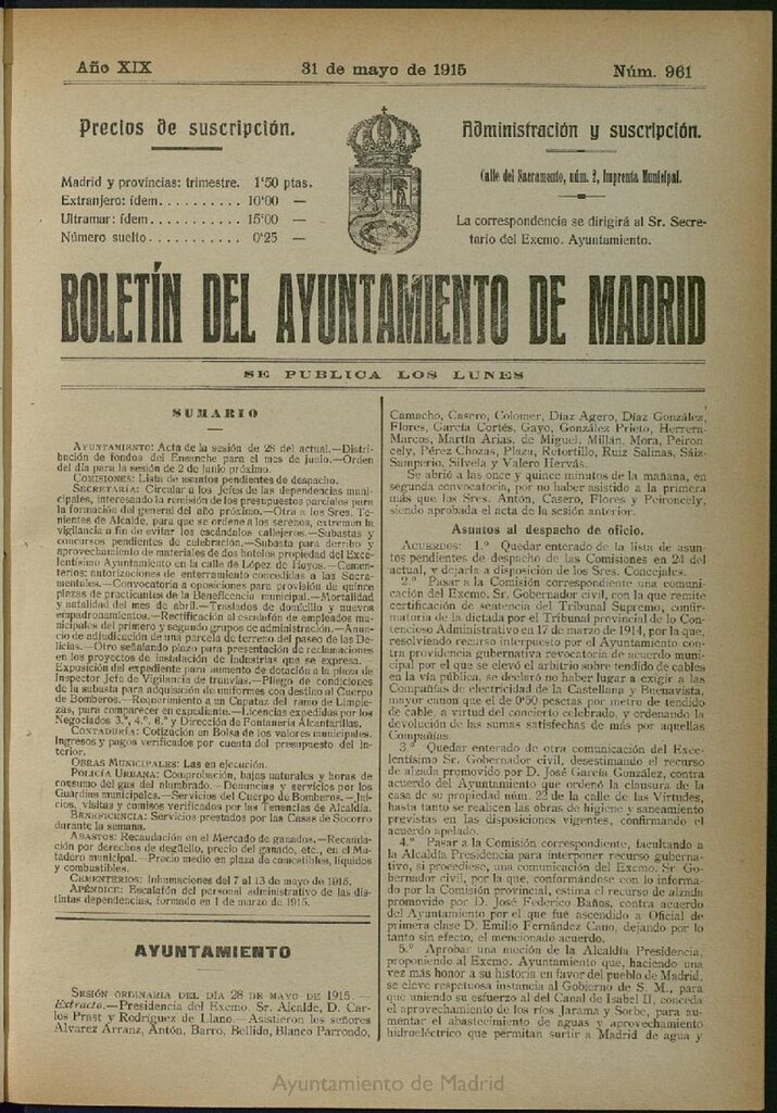 Miniatura de Boletín Oficial del Ayuntamiento de Madrid del 31 de mayo de 1915, nº 961