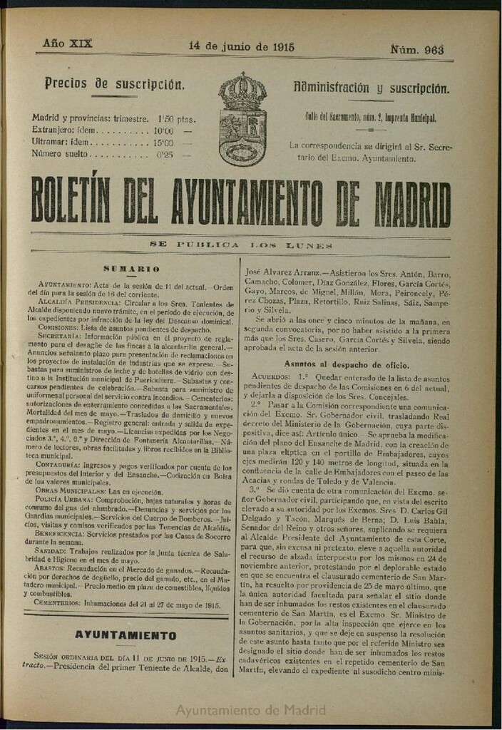 Miniatura de Boletín Oficial del Ayuntamiento de Madrid del 14 de junio de 1915, nº 963