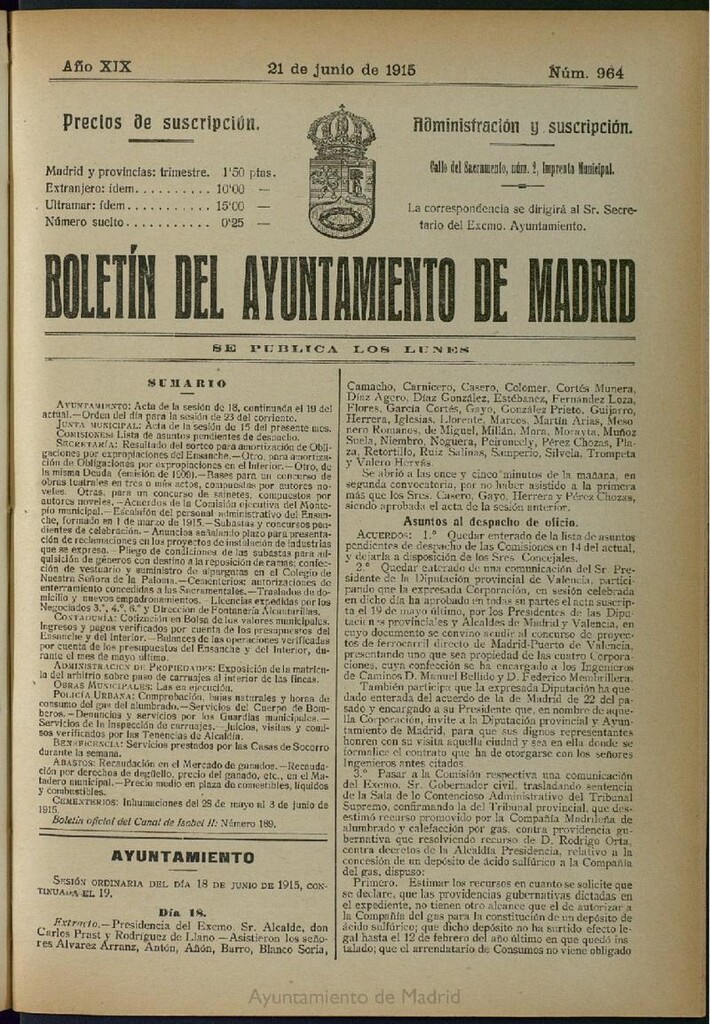 Miniatura de Boletín Oficial del Ayuntamiento de Madrid del 21 de junio de 1915, nº 964