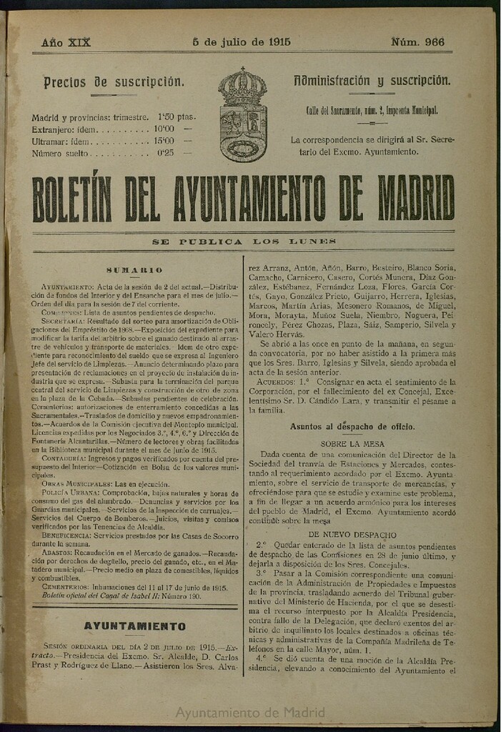 Miniatura de Boletín Oficial del Ayuntamiento de Madrid del 5 de julio de 1915, nº 966