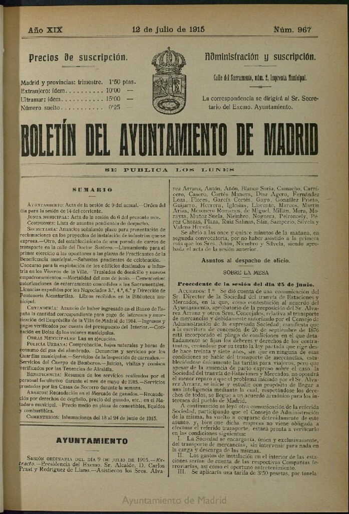 Miniatura de Boletín Oficial del Ayuntamiento de Madrid del 12 de julio de 1915, nº 967