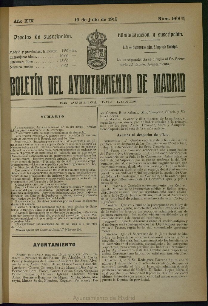 Miniatura de Boletín Oficial del Ayuntamiento de Madrid del 19 de julio de 1915, nº 968