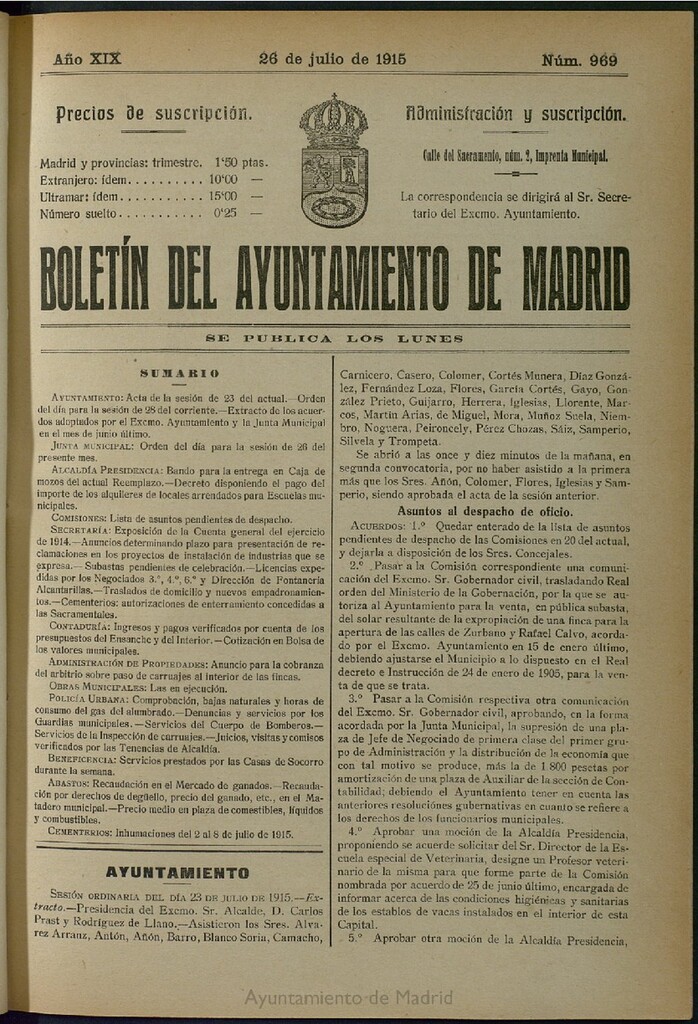 Miniatura de Boletín Oficial del Ayuntamiento de Madrid del 26 de julio de 1915, nº 969