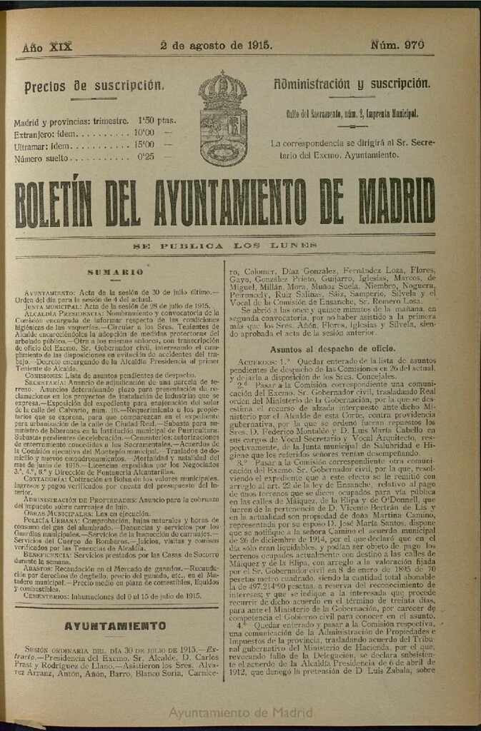 Miniatura de Boletín Oficial del Ayuntamiento de Madrid del 2 de agosto de 1915, nº 970