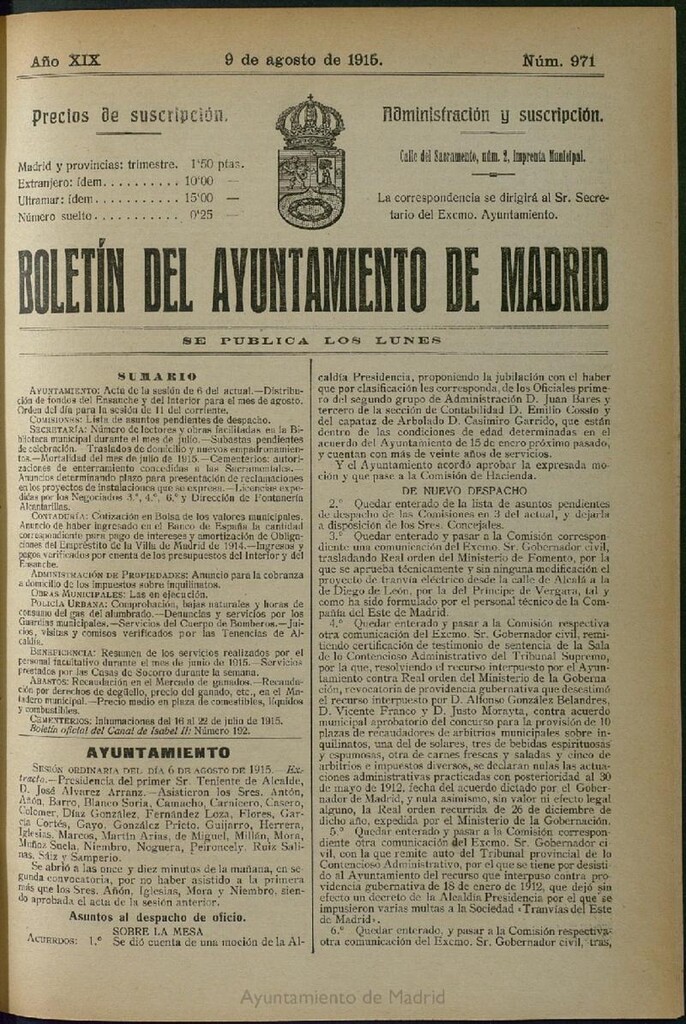 Miniatura de Boletín Oficial del Ayuntamiento de Madrid del 9 de agosto de 1915, nº 971