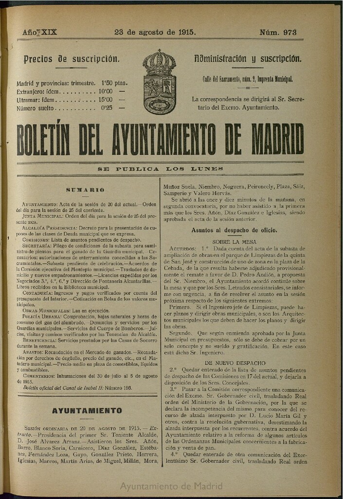 Miniatura de Boletín Oficial del Ayuntamiento de Madrid del 23 de agosto de 1915, nº 973