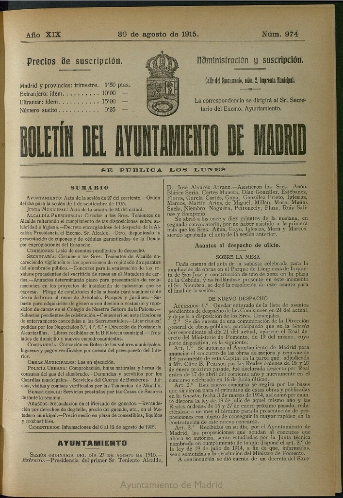 Miniatura de Boletín Oficial del Ayuntamiento de Madrid del 30 de agosto de 1915, nº 974