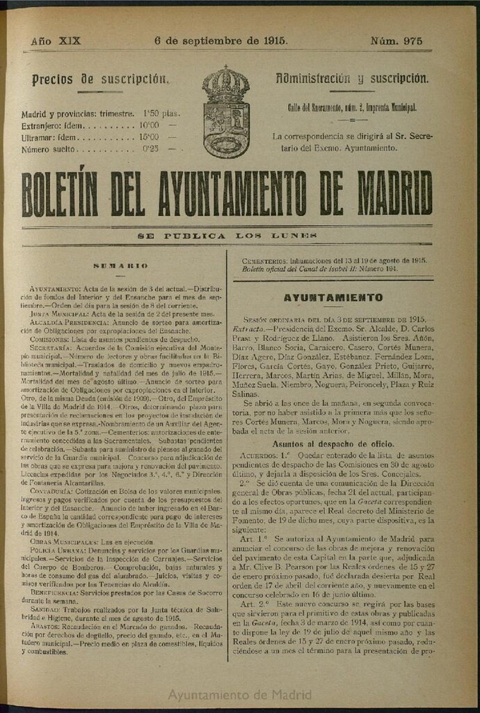 Miniatura de Boletín Oficial del Ayuntamiento de Madrid del 6 de septiembre de 1915, nº 975