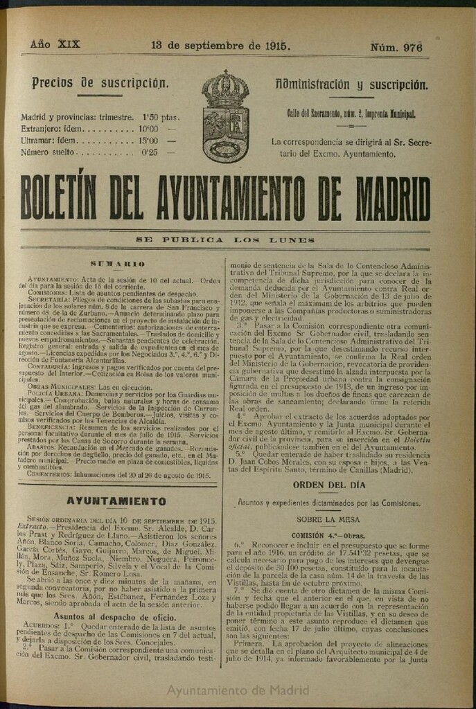 Miniatura de Boletín Oficial del Ayuntamiento de Madrid del 13 de septiembre de 1915, nº 976
