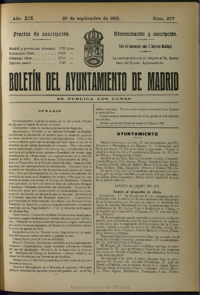Miniatura de Boletín Oficial del Ayuntamiento de Madrid del 20 de septiembre de 1915, nº 977