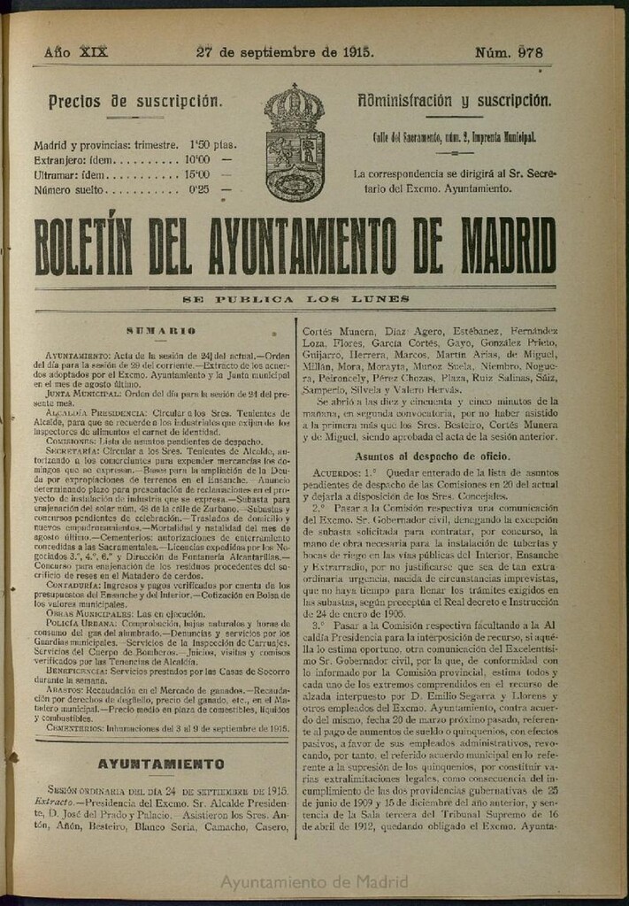 Miniatura de Boletín Oficial del Ayuntamiento de Madrid del 27 de septiembre de 1915, nº 978