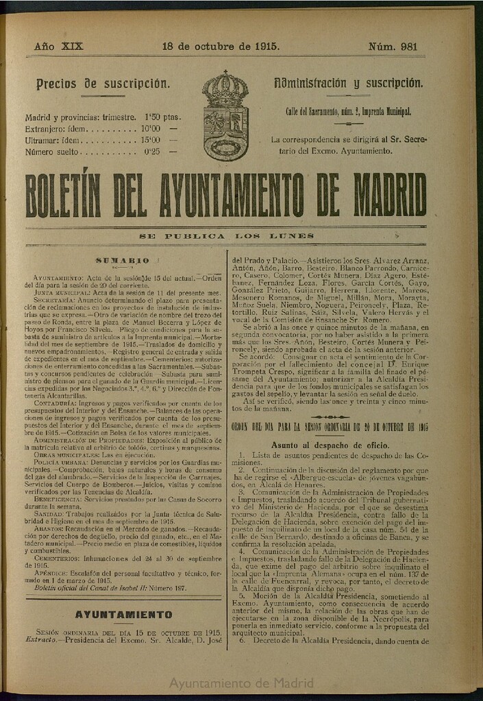 Miniatura de Boletín Oficial del Ayuntamiento de Madrid del 18 de octubre de 1915, nº 981