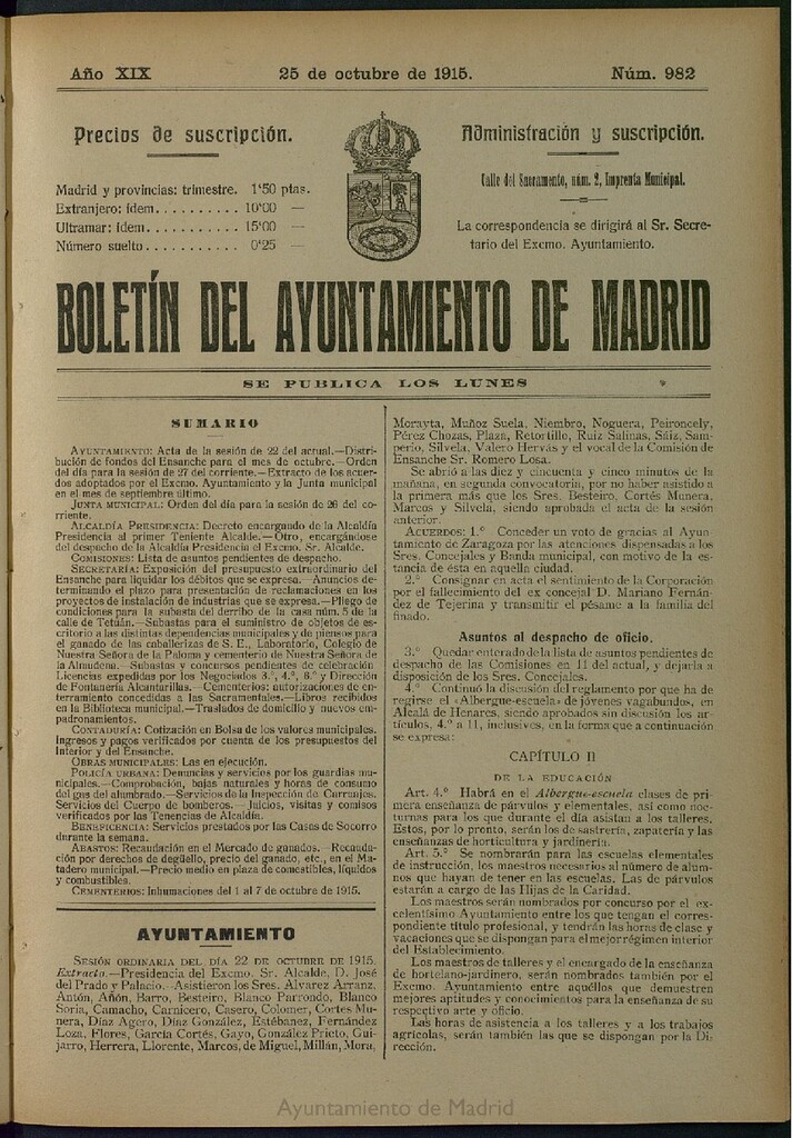 Miniatura de Boletín Oficial del Ayuntamiento de Madrid del 25 de octubre de 1915, nº 982