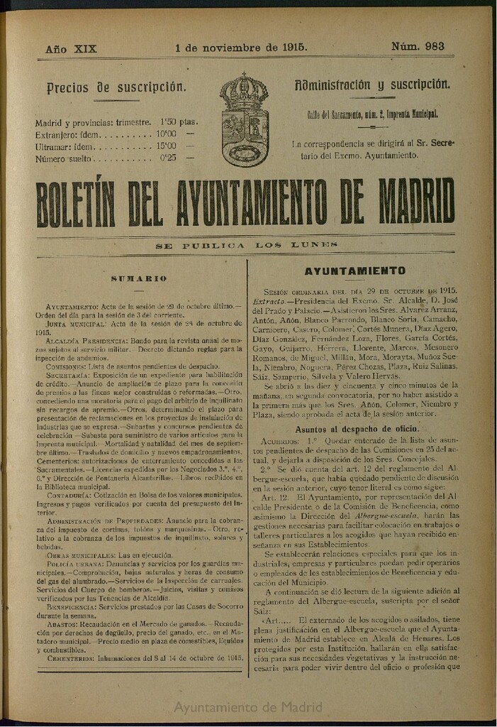 Miniatura de Boletín Oficial del Ayuntamiento de Madrid del 1 de noviembre de 1915, nº 983