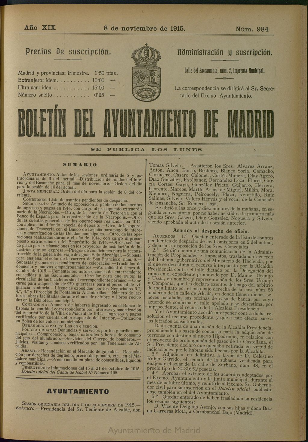 Miniatura de Boletín Oficial del Ayuntamiento de Madrid del 8 de noviembre de 1915, nº 984