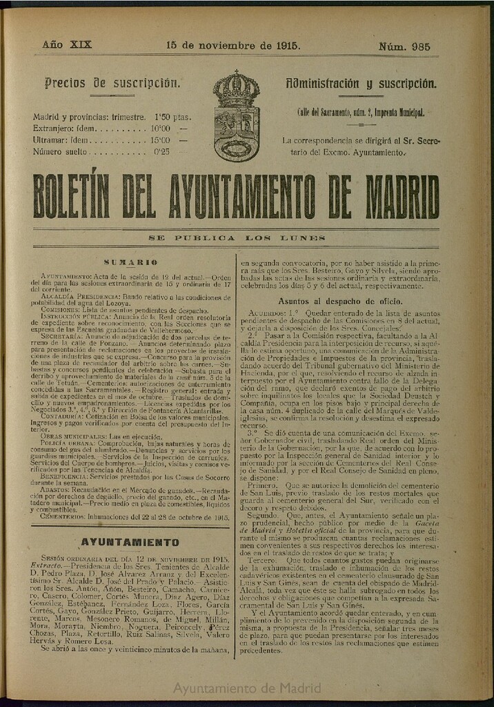 Miniatura de Boletín Oficial del Ayuntamiento de Madrid del 15 de noviembre de 1915, nº 985