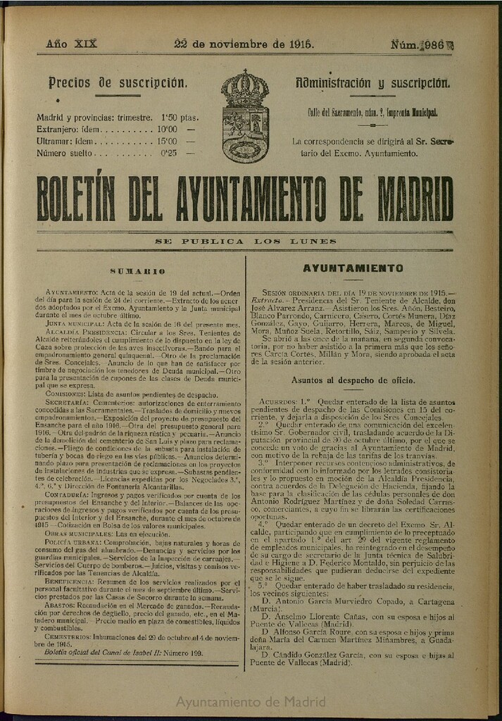 Miniatura de Boletín Oficial del Ayuntamiento de Madrid del 22 de noviembre de 1915, nº 986